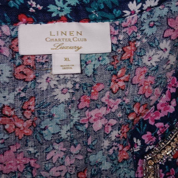 Charter Club Luxury~Linen Colorful Floral Tunic Top Rhinestone Beaded Neckline - Picture 9 of 14